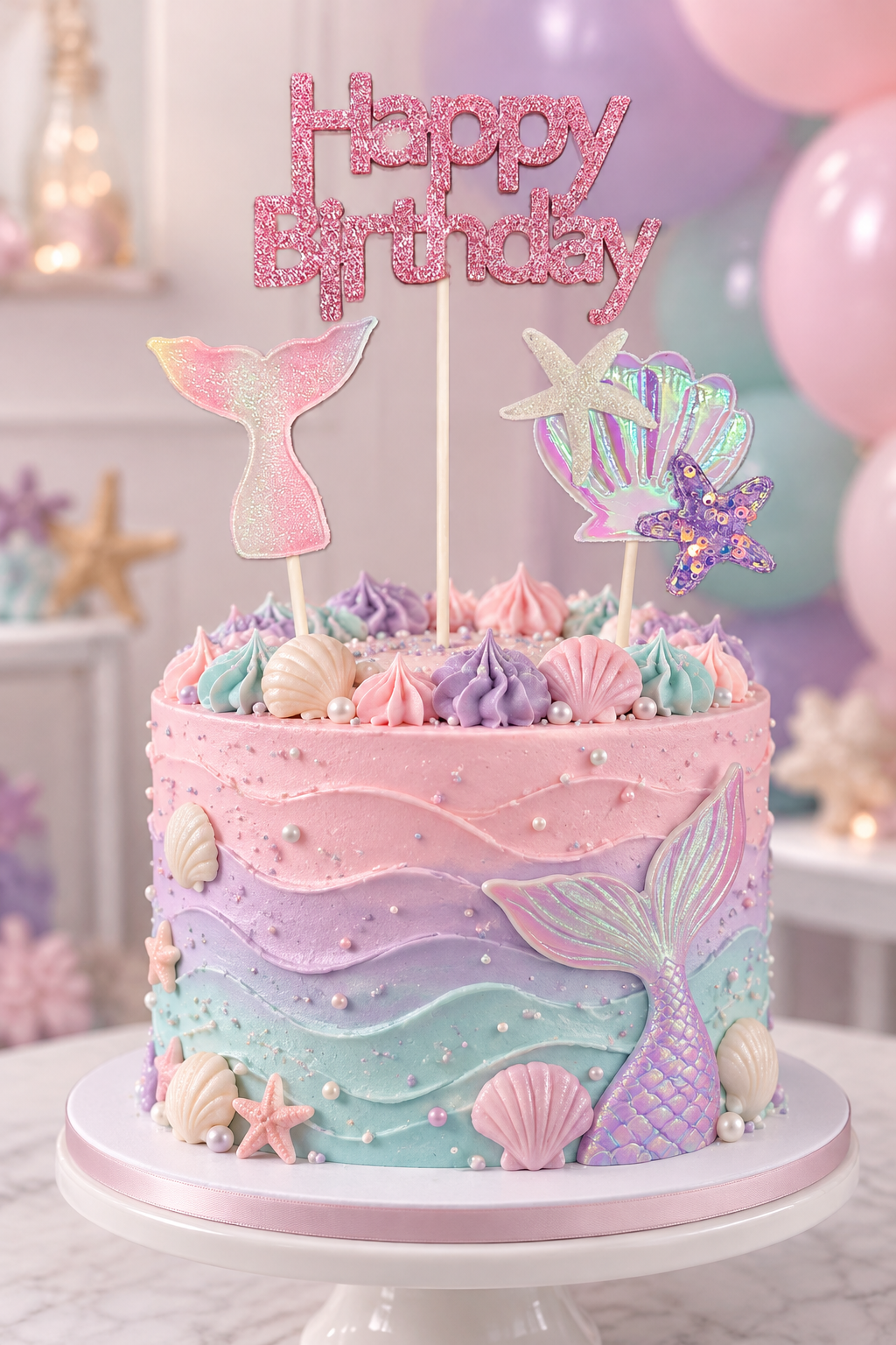 ERT-TOPPER-103 HAPPY BIRTHDAY DENİZ KIZI PULLU PASTA ÜSTÜ TOPPER