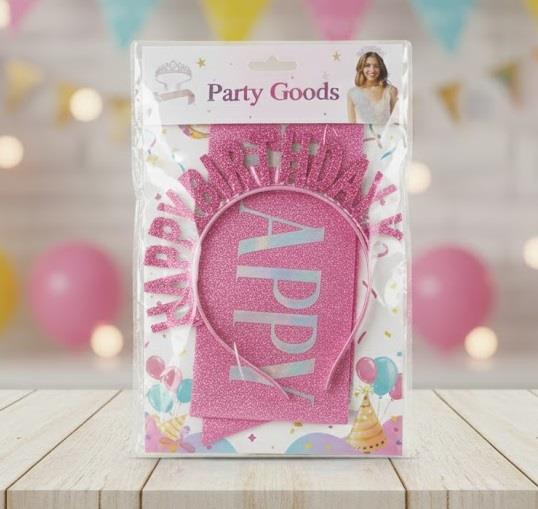 ERT-TAC-103-P TAÇ KUŞAK PEMBE HAPPY BIRTHDAY SETİ
