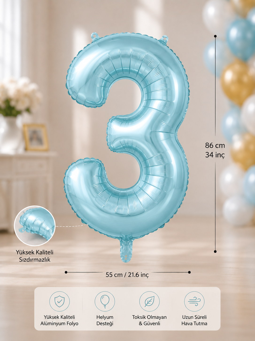 3 MAVİ 34 INCH FOLYO BALON İKM ŞEKER MAVİSİ