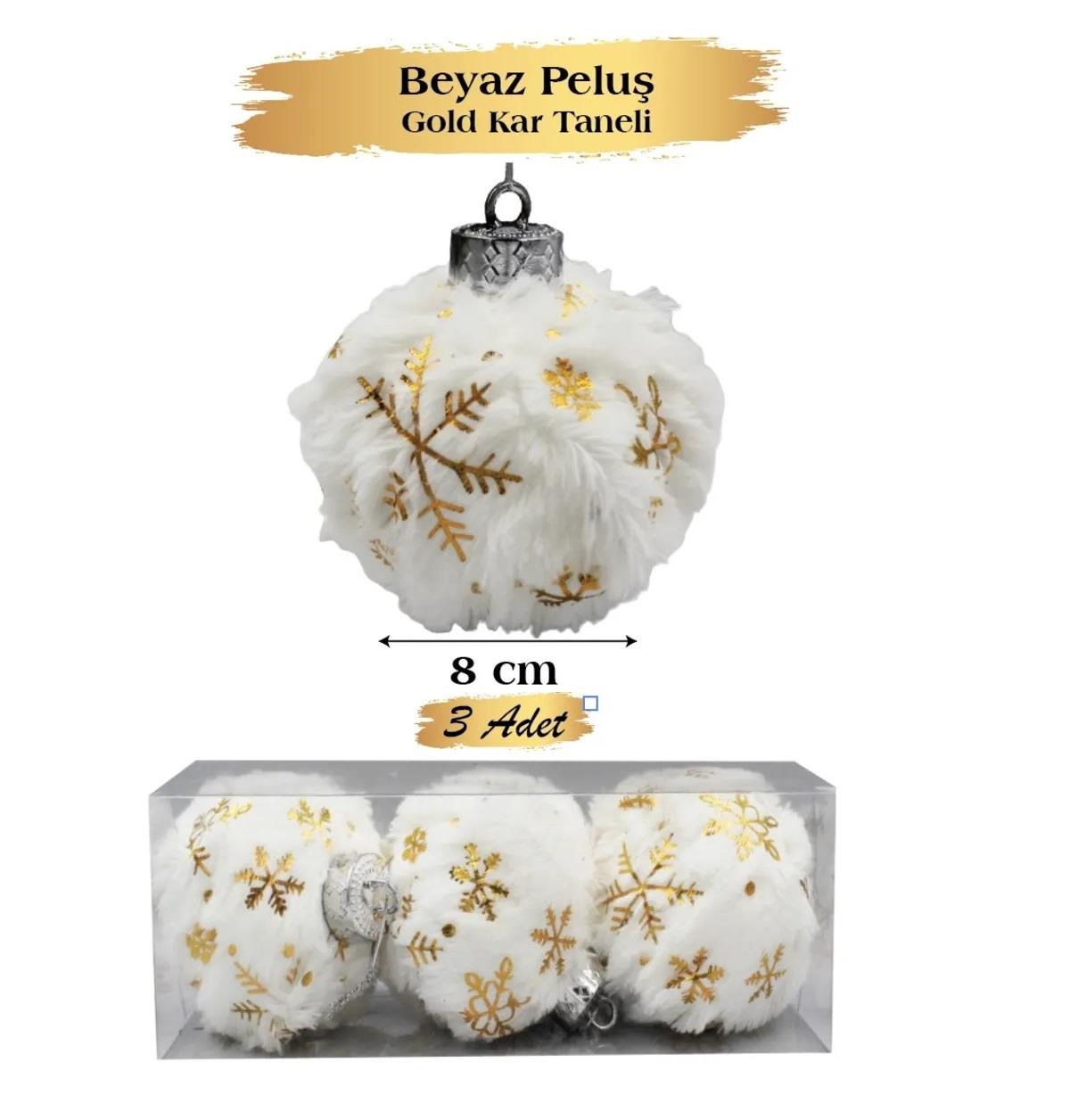 BRS-1803 3 PARÇA 8 CM BEYAZ PELUŞ ÜZERİ ALTIN KAR TANELİ BASKILI
