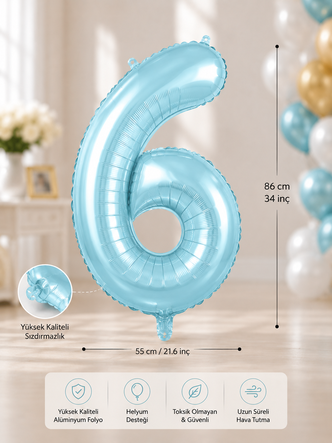 6 MAVİ 34 INCH FOLYO BALON İKM ŞEKER MAVİSİ
