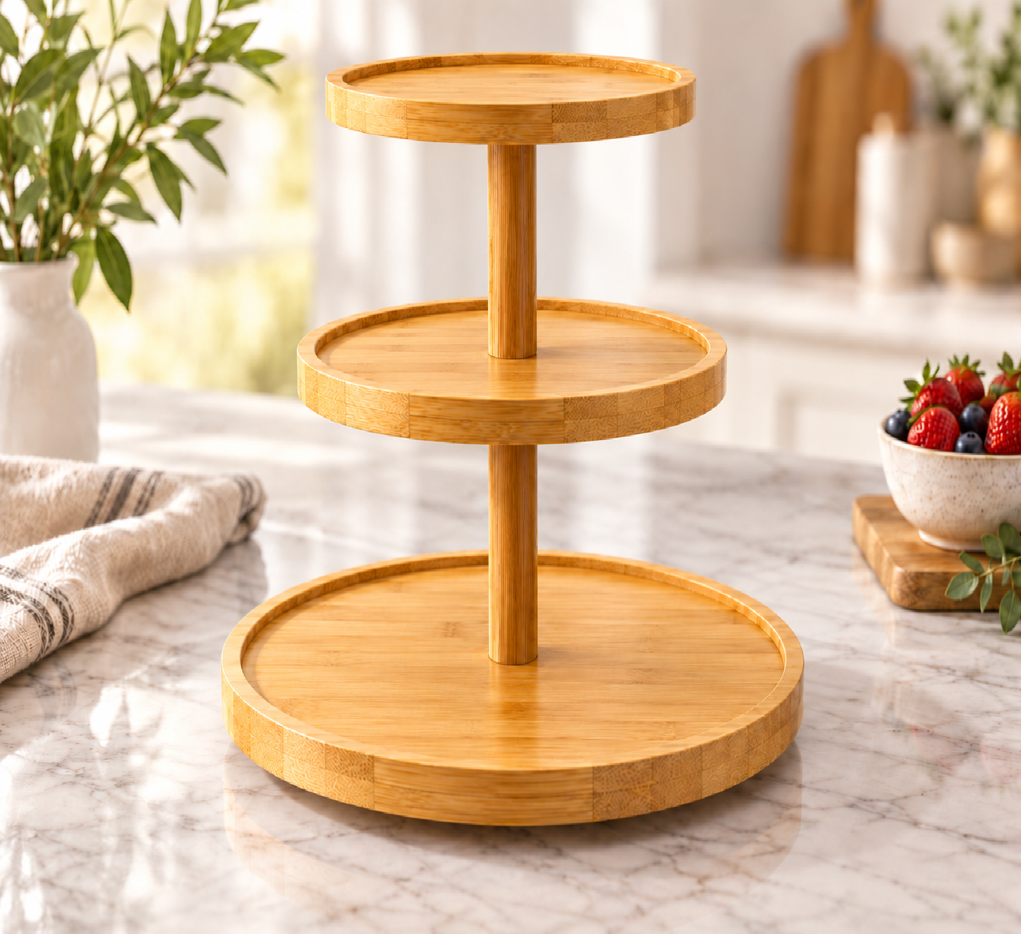 ERT-BMB-523 3 KATLI YUVARLAK BAMBU STANDI 15-20-25X1.5 CM