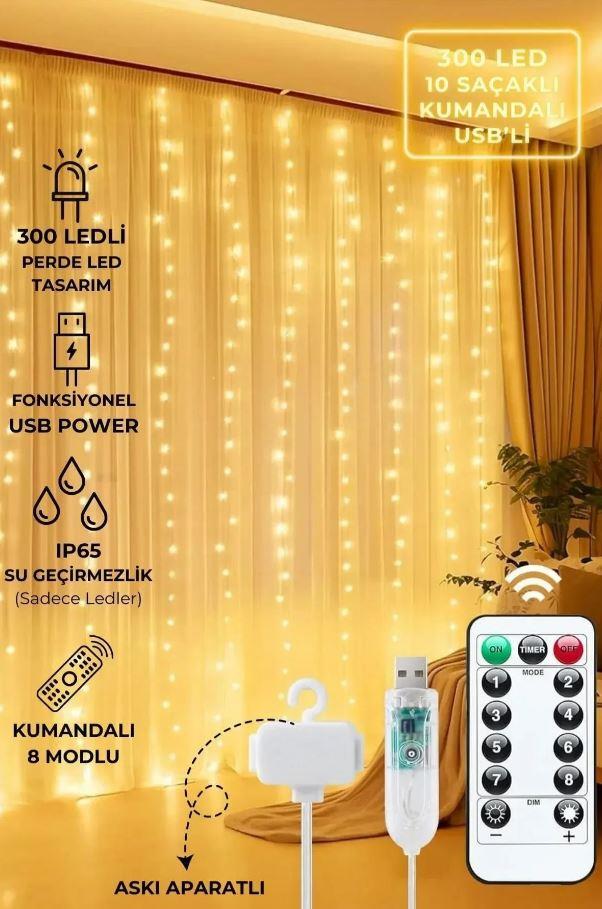 IŞIK LED PERDE GÜNIŞIĞI USB KUMANDALI FONKSİYONLU 3 MT X 3 MT