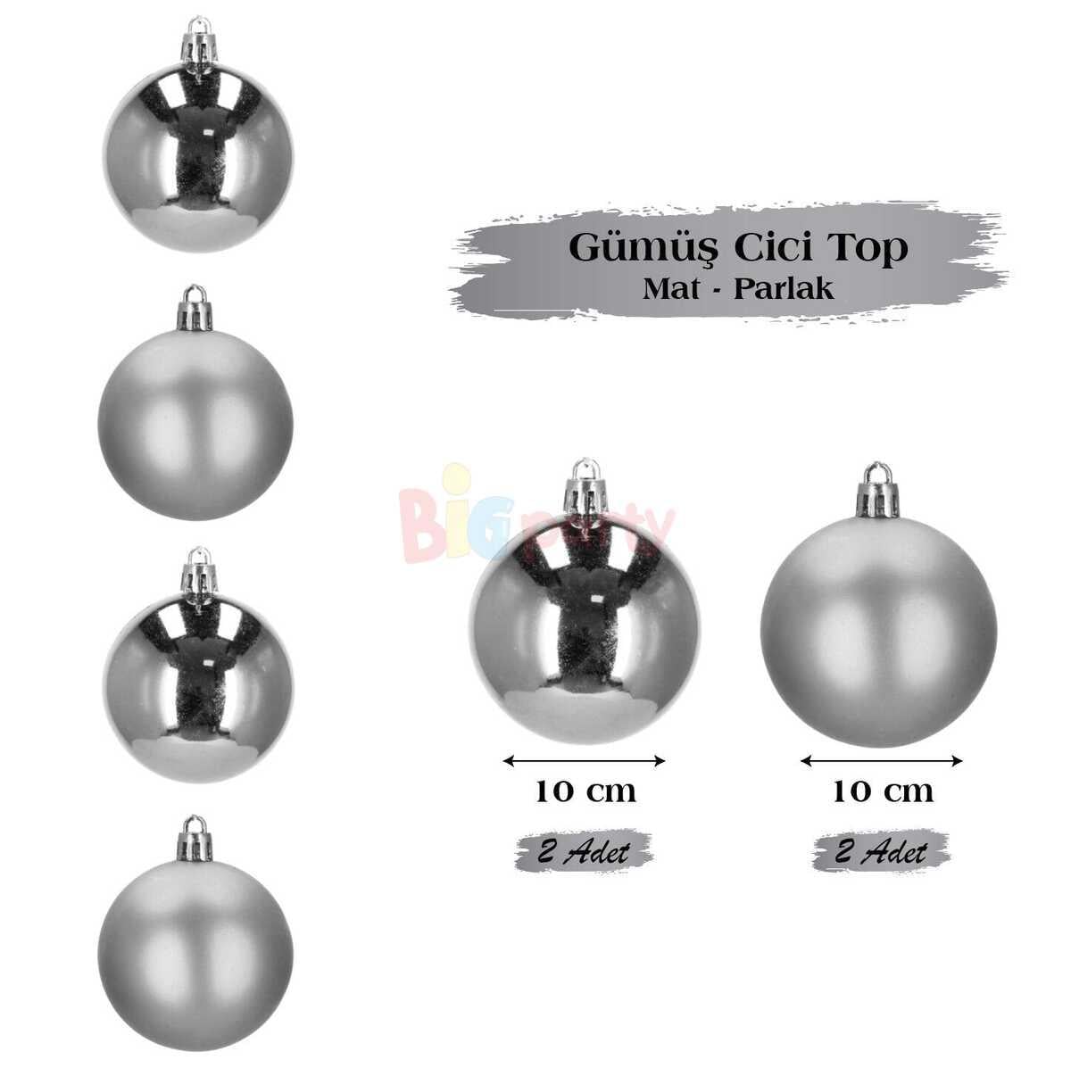 BRS-1671 YILBAŞI TOP SÜS 10 CM 4 ADET GÜMÜŞ MAT-PARLAK