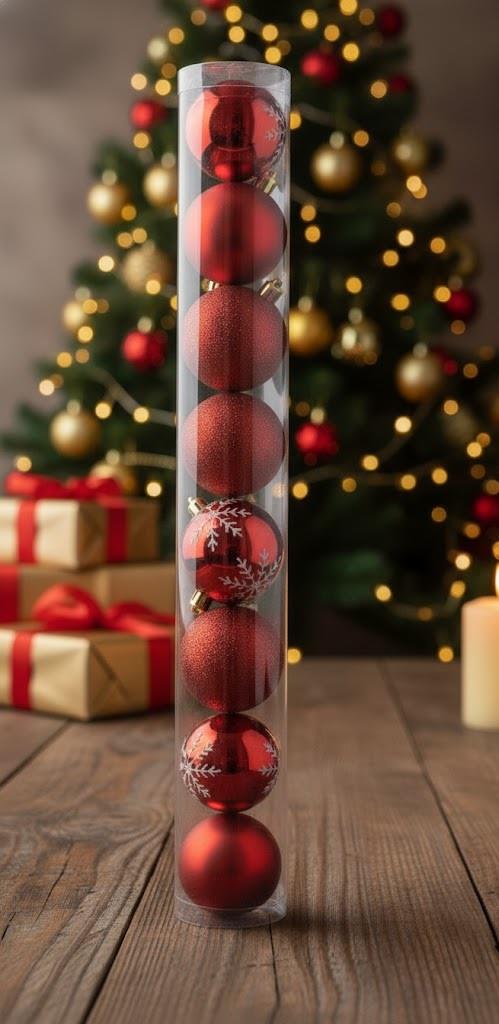 ERT-YIL-25308-KRMZ YILBAŞI TOP KIRMIZI SİMLİ PARLAK MAT 6 CM 8 ADET PVC SİLİNDİR