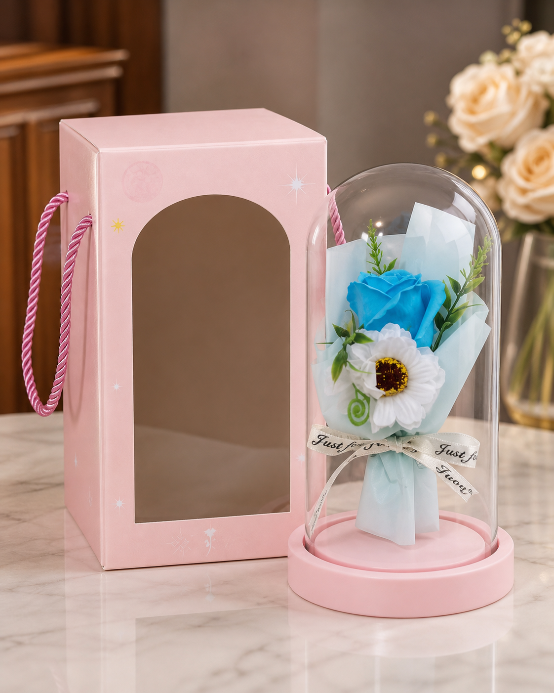 ERT-GFT-407 CRYSTAL LOVE SERİSİ BUKET GÜL FANUS 11CM X 21 CM