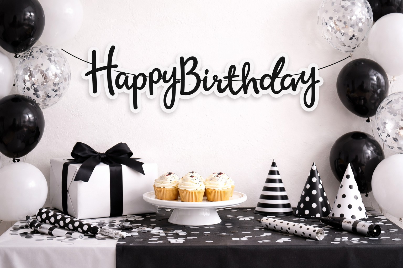 BNR-043 KARTON HAPPY BIRTHDAY KALİGRAFİ BANNER SİYAH 98 X 22 CM