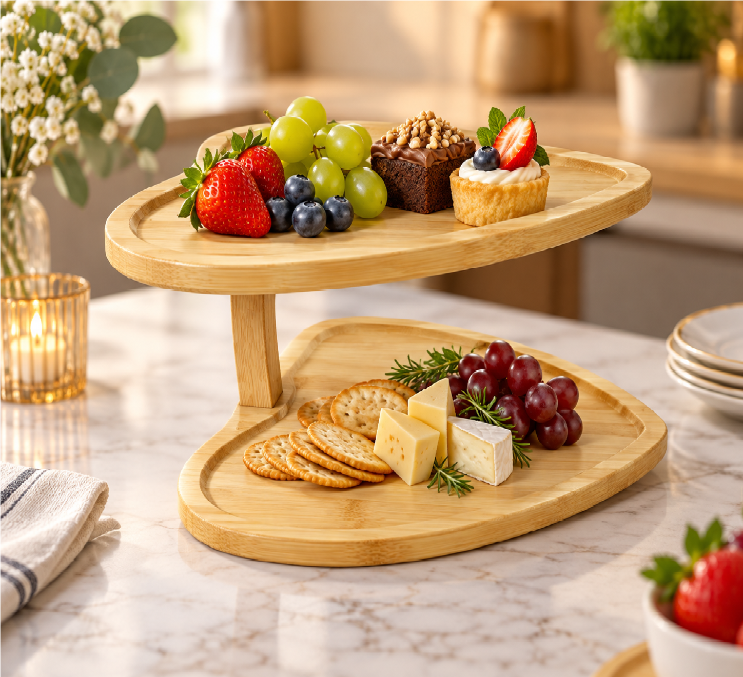 ERT-BMB-509 KALP ŞEKLİNDE ÇİFT KATLI BAMBU MEYVELİK 25X25X1.5 - 20X20X1.5 CM