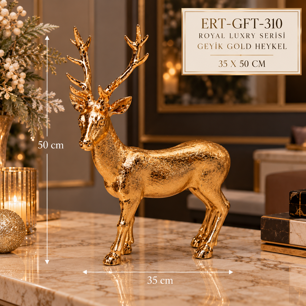 ERT-GFT-310 ROYAL LUXRY SERİSİ GEYİK GOLD HEYKEL 35 X 50 CM