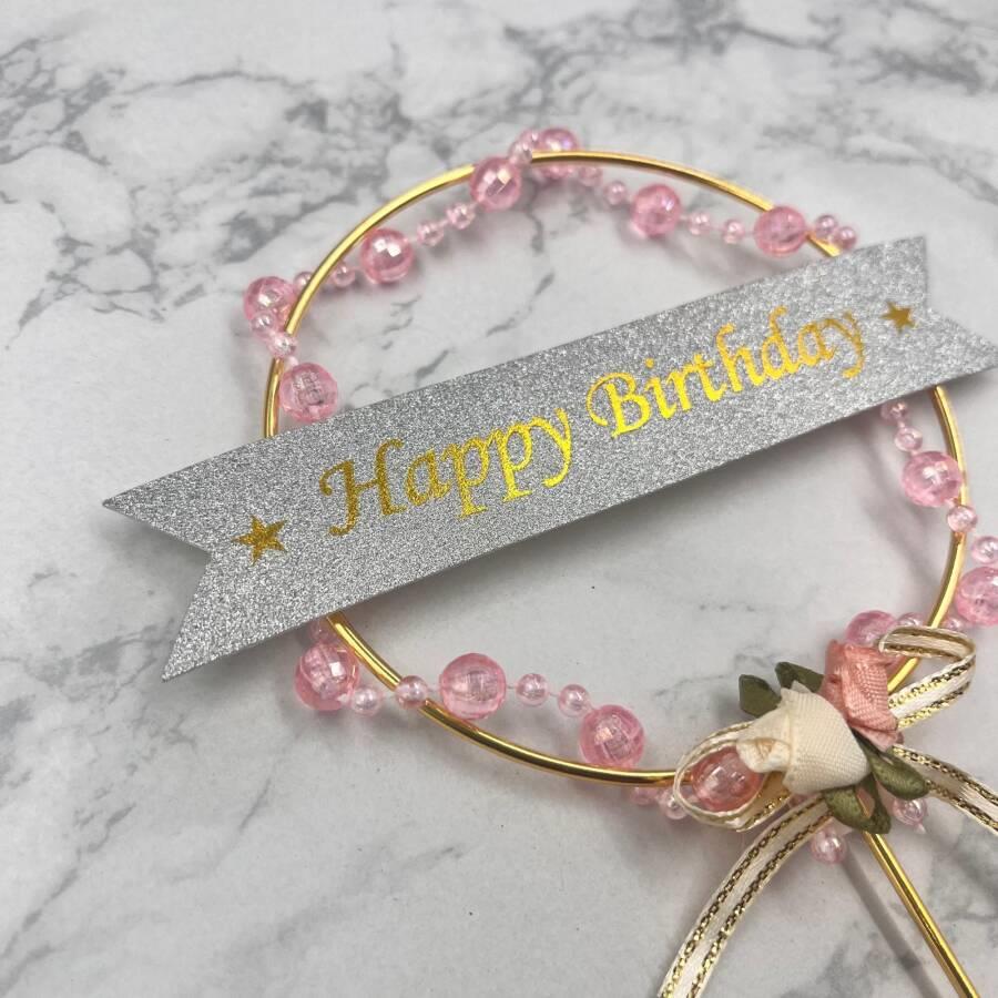 ÇUBUKLU METAL PEMBE BONCUKLU TOPPER CAKE 20 CM BRS-3288