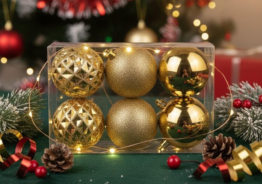 ERT-YIL-25317-GLD YILBAŞI TOP GOLD 10 CM 6 ADET PVC KUTULU