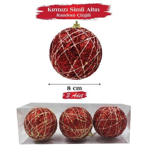 BRS-1805 8 CM 3 ADET KIRMIZI SİMLİ TOP SÜS ÜZERİ ALTIN RANDOM ÇİZGİLİ