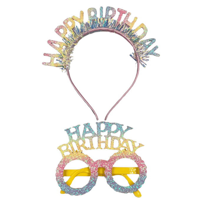 HAPPY BIRTHDAY TAÇ + GÖZLÜK SET SİMLİ RENGARENK