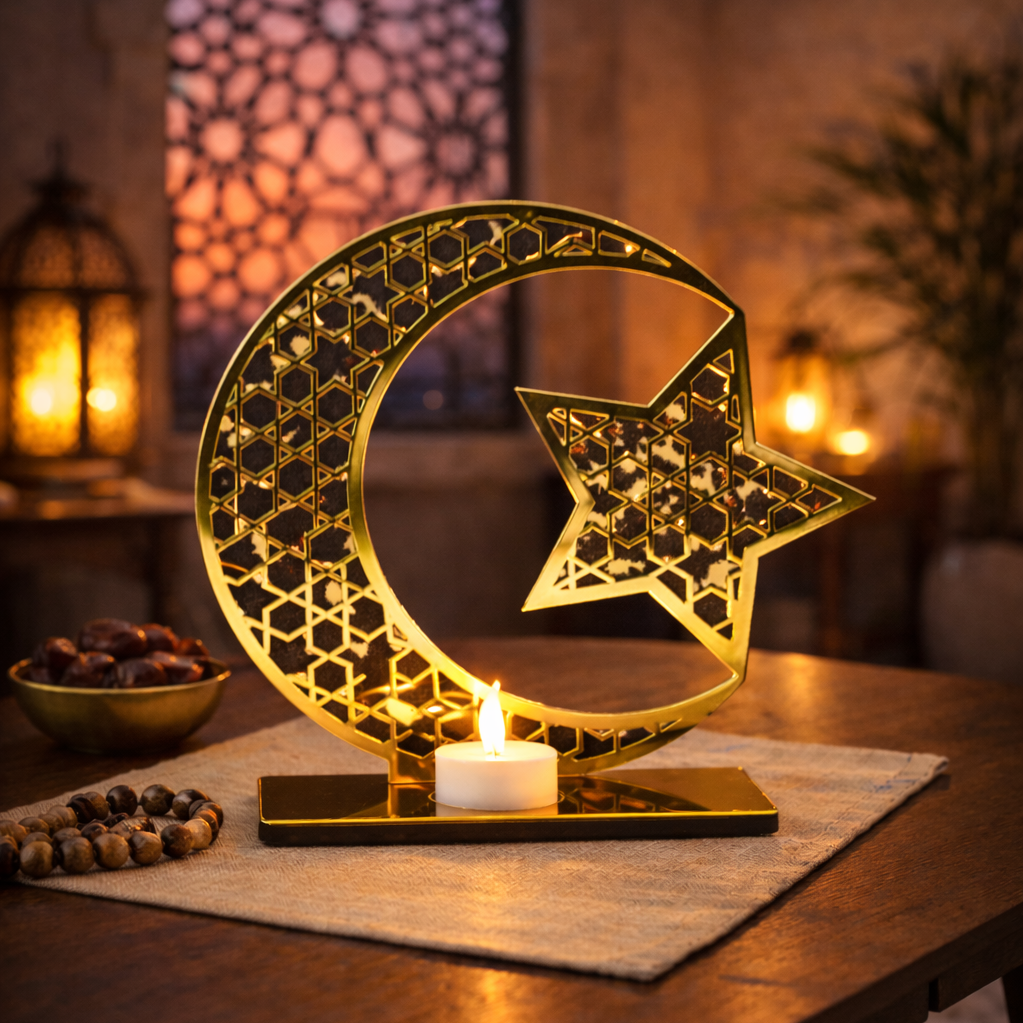 9932432508 AHŞAP ÜZERİ GOLD PLEKSİ AY YILDIZ TEMALI LED MUM DEKOR
