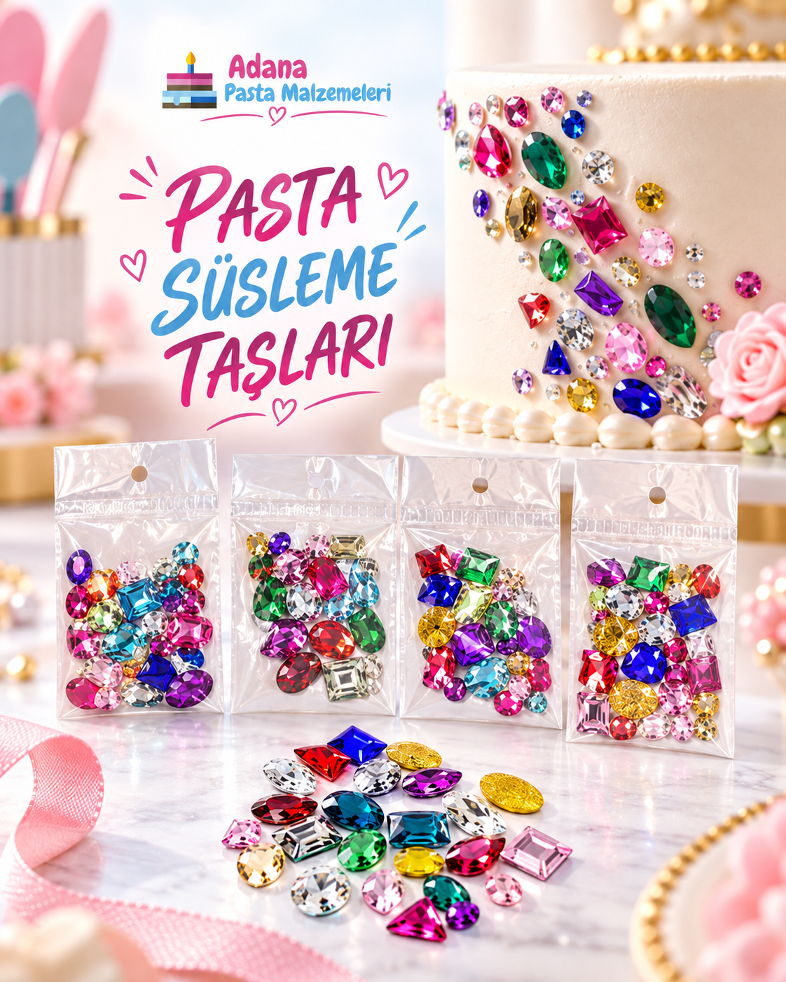 RENKLİ KRİSTAL PASTA DEKORASYON TAŞI SETİ 1 PAKET