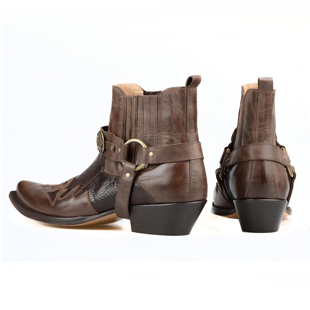 Brown  Leather Mens Cowboy Ankle Boots
