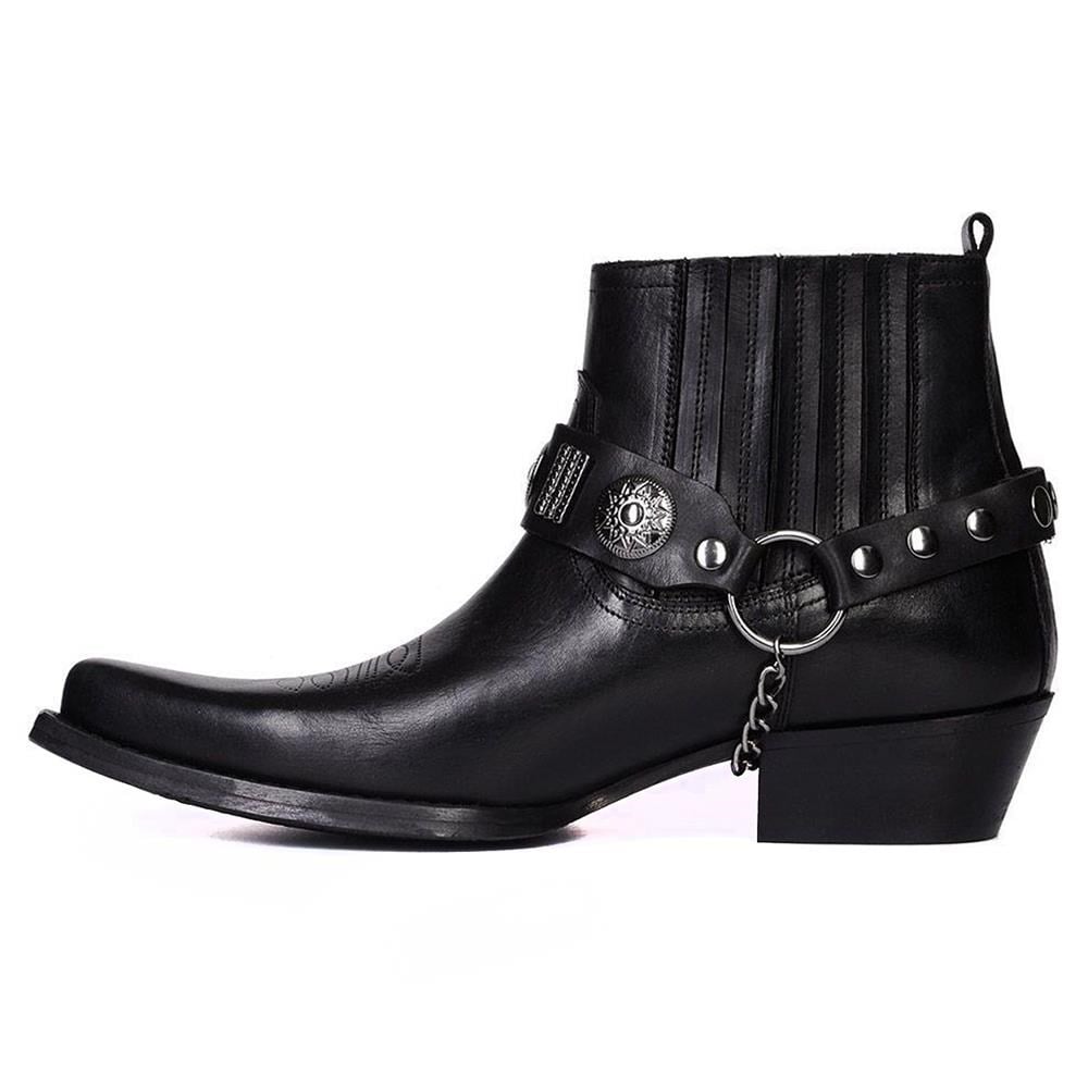 Black Leather Mens Big Size Western Ankle Boots
