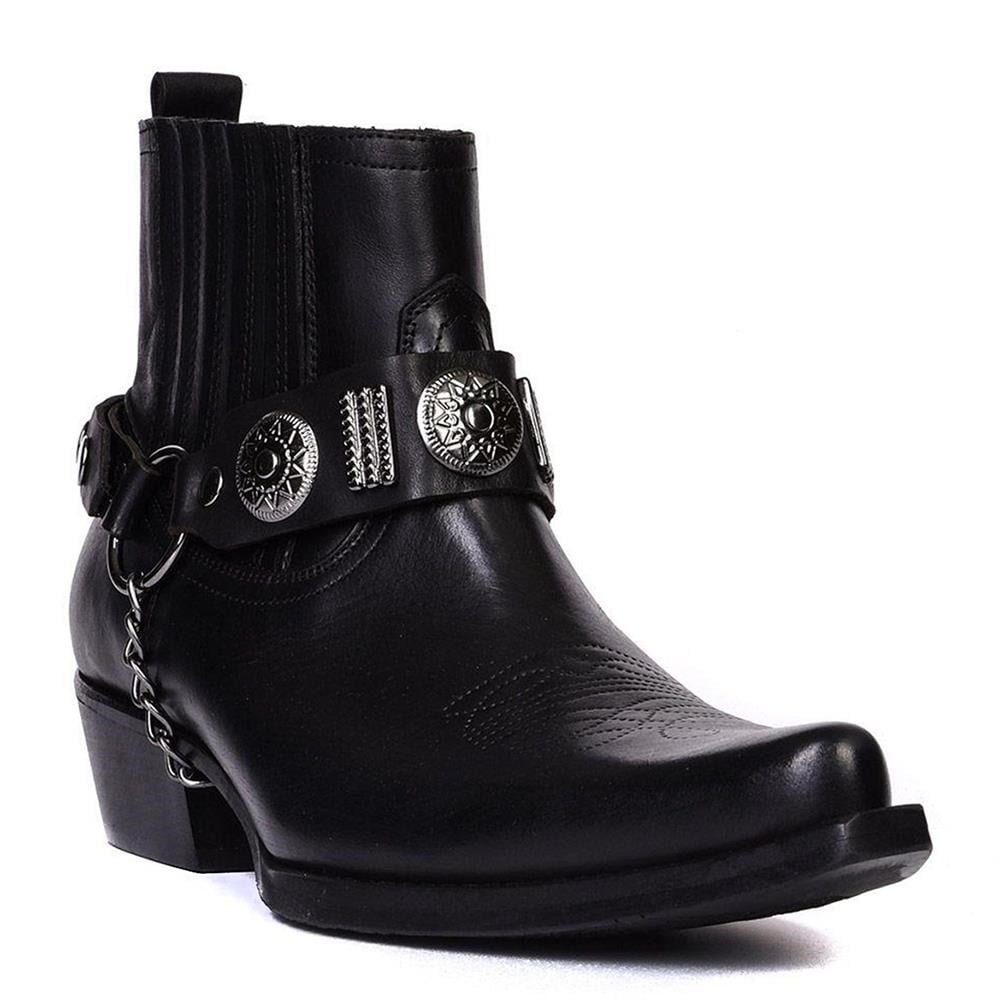 Black Leather Mens Big Size Western Ankle Boots