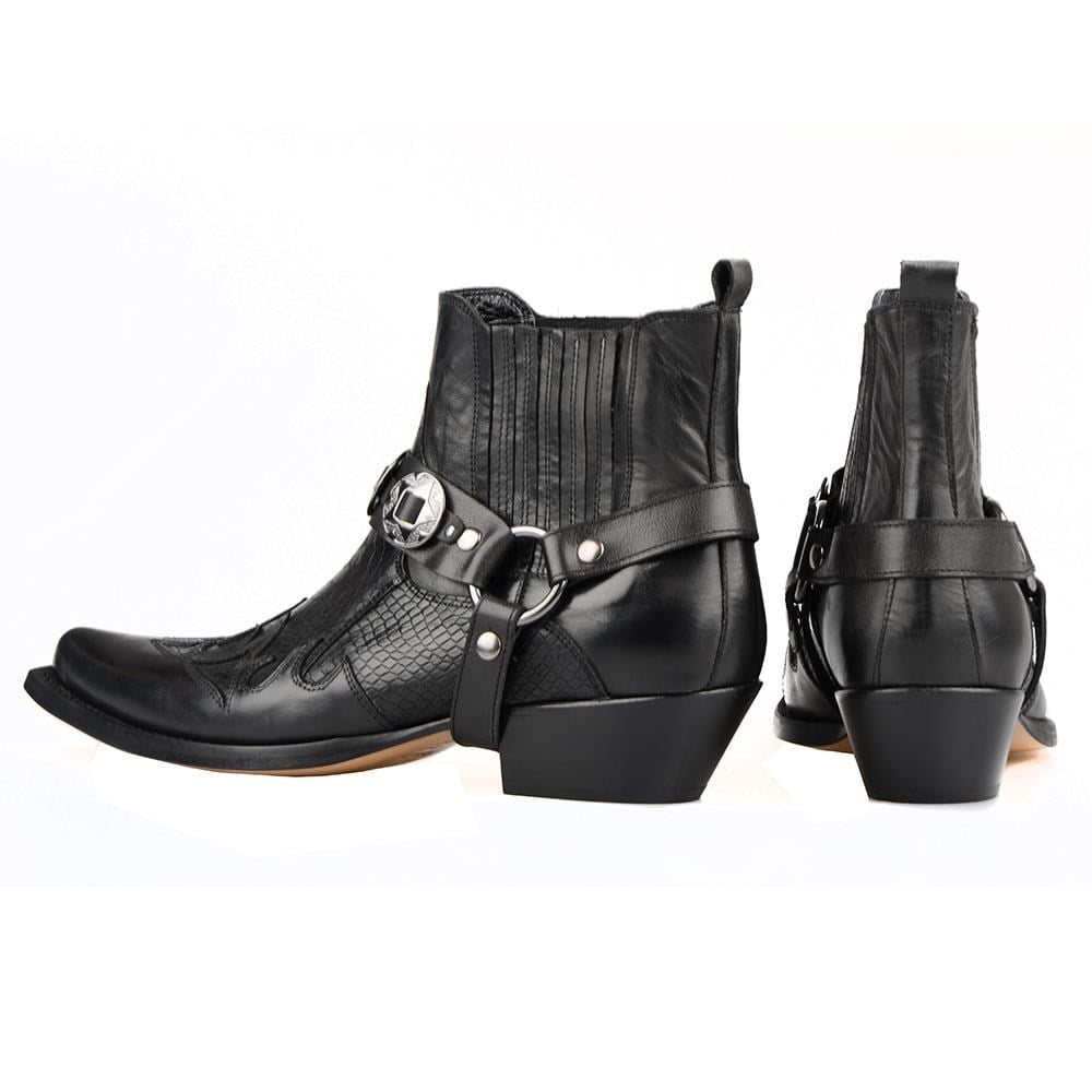 Black Leather Mens Western Cowboy Ankle Boots