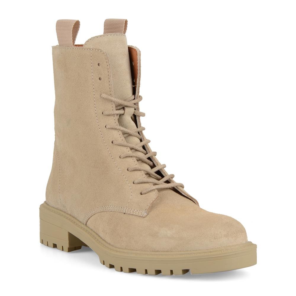 Womens Military Boots Lace Up Ankle Boots Suede Beige