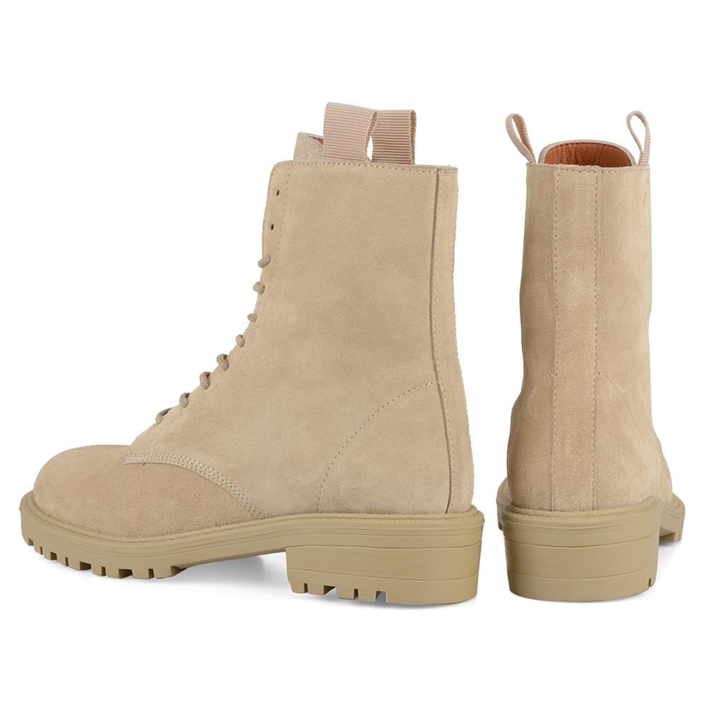 Womens Military Boots Lace Up Ankle Boots Suede Beige