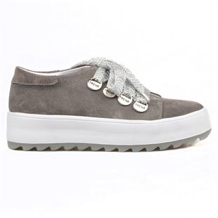 Bağcıklı Gri Süet Yüksek Taban Kadın Sneaker