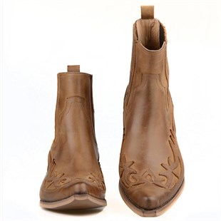 Tan Leather Cowboy Ankle Boots