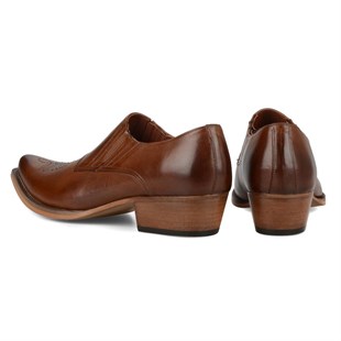 Erkek Taba Deri Bağcıksız Kovboy Ayakkabı