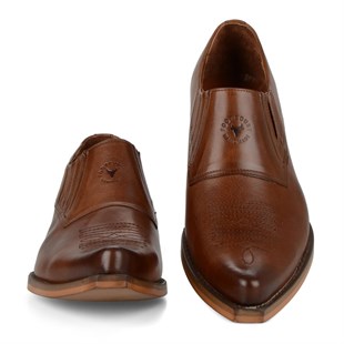 Erkek Taba Deri Bağcıksız Kovboy Ayakkabı