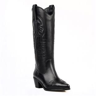 Kadın Kovboy Çizme Siyah Deri (Parma)