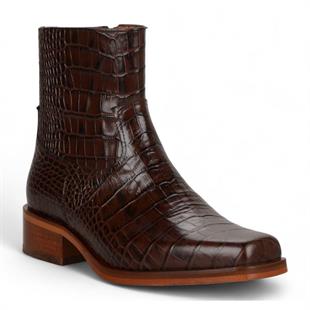 Brown Crocodile Embossed Genuine Leather Zipper Boots Chester