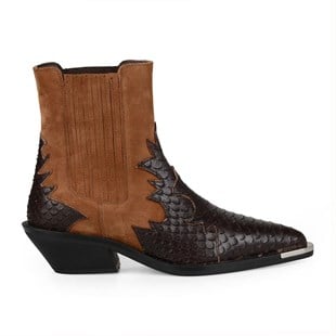 Brown Texas Cowboy Ankle Boots Snake Printed and Metal Decoration Kobe