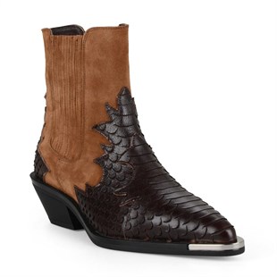 Brown Texas Cowboy Ankle Boots Snake Printed and Metal Decoration Kobe