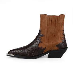 Brown Texas Cowboy Ankle Boots Snake Printed and Metal Decoration Kobe