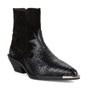 Black Texas Cowboy Ankle Boots Snake Printed  and Metal Decoration Kobe