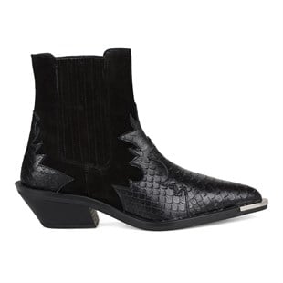 Black Texas Cowboy Ankle Boots Snake Printed  and Metal Decoration Kobe