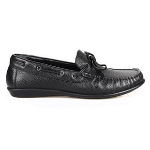 Siyah Deri Fiyonklu Kadın Loafer
