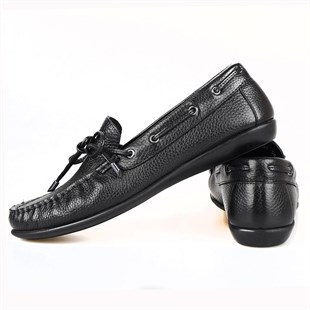 Siyah Deri Fiyonklu Kadın Loafer