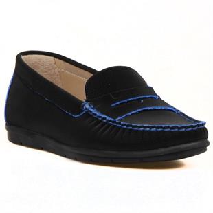 Siyah Deri Kadın Loafer Mavi Detaylı
