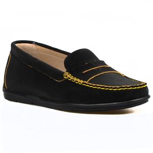 Siyah Deri Kadın Loafer Sarı Detaylı