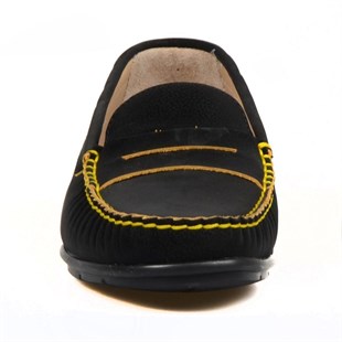 Siyah Deri Kadın Loafer Sarı Detaylı