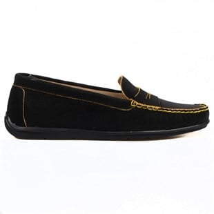 Siyah Deri Kadın Loafer Sarı Detaylı