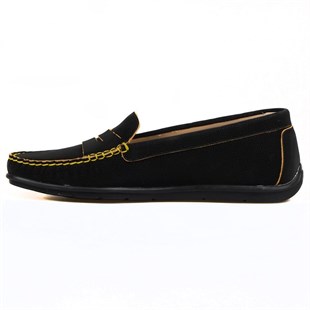Siyah Deri Kadın Loafer Sarı Detaylı