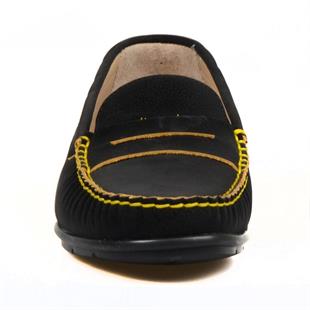 Siyah Deri Kadın Loafer Sarı Detaylı