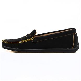 Siyah Deri Kadın Loafer Sarı Detaylı