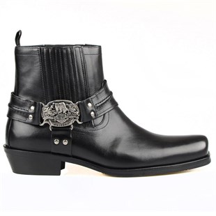 Siyah Deri Küt Burun Erkek Motorcu Botu