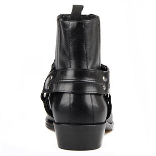 Siyah Deri Küt Burun Erkek Motorcu Botu
