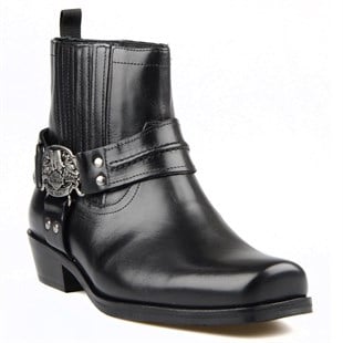 Siyah Deri Küt Burun Erkek Motorcu Botu