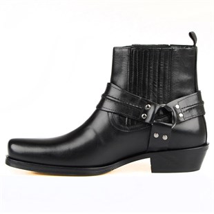 Siyah Deri Küt Burun Erkek Motorcu Botu