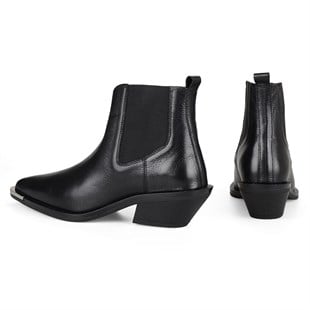 Siyah Deri Lastikli Kadın Kovboy Botu Kyoto